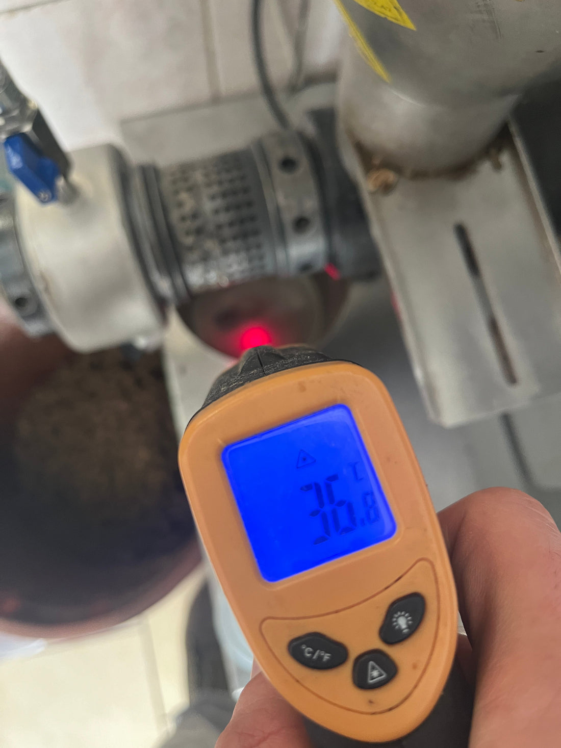 temperature gun measuring the oil coming out of our cold-press machine/expeller