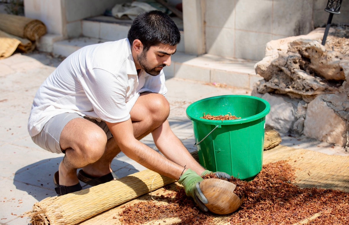Person working with grapeseed outdoors