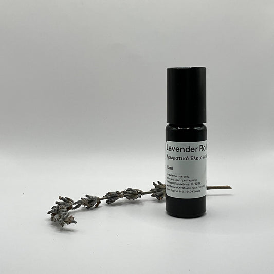 Roll-on bottle labeled 'Lavender Roll' with a sprig of lavender