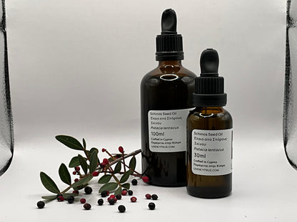 Two glass dropper bottles with cyprus mastic berry Schinos lentisk Oil