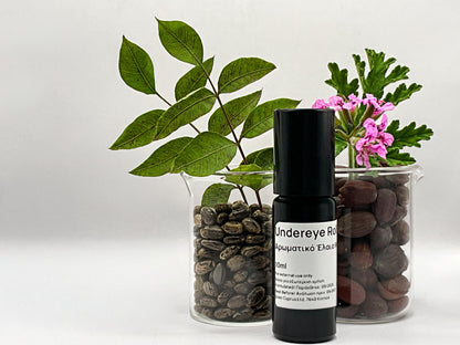 Skincare bottle labeled 'Undereye roll-on' with decorative jars containing seeds and plants on a white background