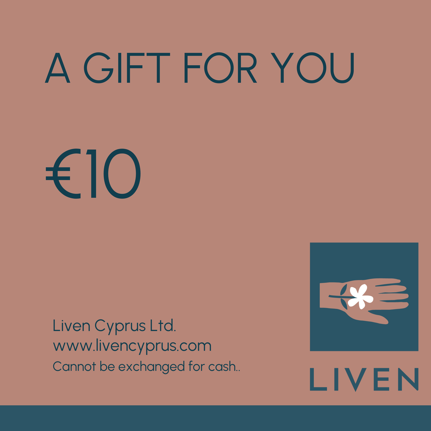A digital gift card from Liven Cyprus Ltd. displaying the value of €10 and the company's logo