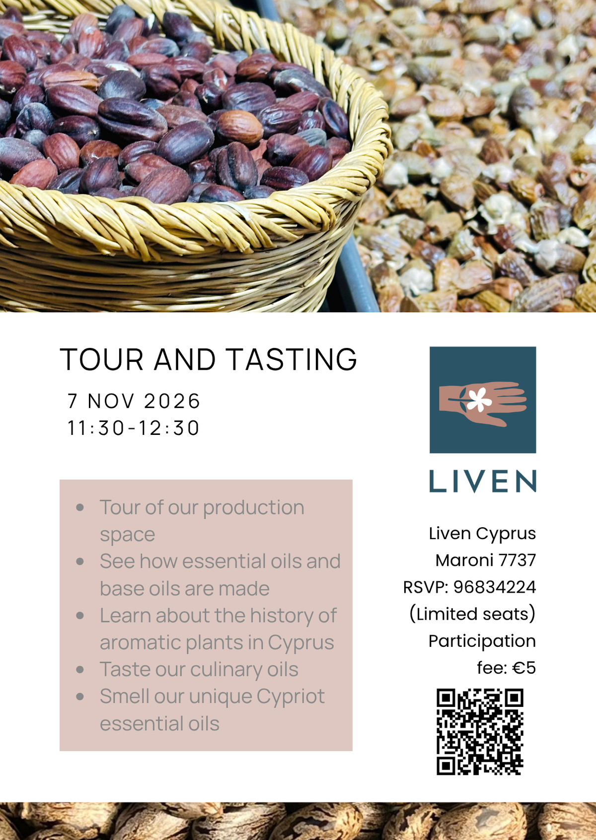 Promotional flyer for a 'Tour and Tasting' event of Liven Cyprus, featuring a top and bottom photo of a woven basket filled with dark brown essential oil capsules, with event details on a white background.