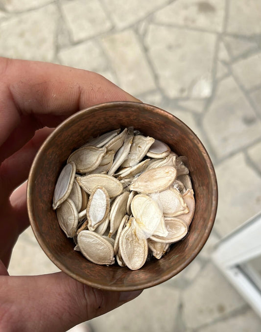 A hand holding a small rustic metal bowl filled with pumpkin seeds, photographed outdoors over a light stone tile surface.