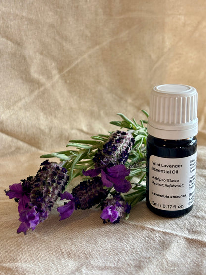 A small bottle of Wild Cyprus or Spanish Lavender Essential Oil next to a sprig of lavender flowers on a light background.